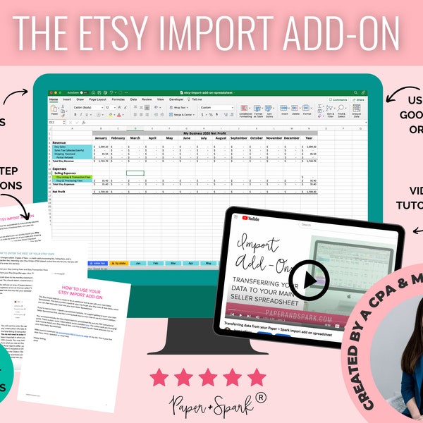 Etsy import add on - bookkeeping spreadsheet for Etsy sellers - accounting spreadsheet