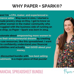 May include: A woman with a bright smile stands in front of a teal background. The text "WHY PAPER + SPARK&reg;?" is at the top of the image. The text "ETSY FINANCIAL SPREADSHEET BUNDLE" is at the bottom of the image. The woman is wearing a colorful floral dress. The text "Paper + Spark&reg;" is in the bottom right corner of the image.