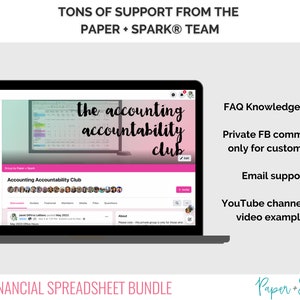 May include: A laptop computer screen displaying a pink and white website with the text "the accounting accountability club". The website is for an online community for Etsy sellers. The text "TONS OF SUPPORT FROM THE PAPER + SPARK&reg; TEAM" is at the top of the image. The text "ETSY FINANCIAL SPREADSHEET BUNDLE" is at the bottom of the image.