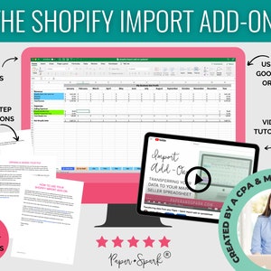 May include: A computer screen displaying a spreadsheet with a monthly profit and loss statement. The spreadsheet is labeled "My Business Profit". The screen is surrounded by a pink border. The text "THE SHOPIFY IMPORT ADD-ON" is at the top of the image. The text "USE IN EXCEL, GOOGLE SHEETS, OR NUMBERS" is on the right side of the image. The text "VIDEO TUTORIALS" is below the text "USE IN EXCEL, GOOGLE SHEETS, OR NUMBERS". The text "CREATED BY A CPA & MAKER" is on the right side of the image. The text "Paper Spark" is at the bottom of the image.