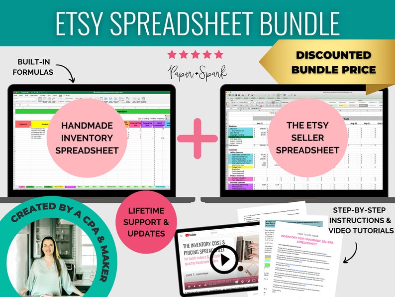May include: A digital product bundle for Etsy sellers, featuring two spreadsheets: a handmade inventory spreadsheet and an Etsy seller spreadsheet. The bundle includes step-by-step instructions and video tutorials. The spreadsheets are designed to help Etsy sellers manage their inventory, track sales, and analyze their business.