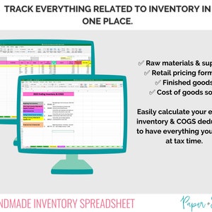 May include: A screenshot of a computer screen showing a spreadsheet with the title "2023 Ending Inventory & COGS". The spreadsheet is used to track inventory and calculate cost of goods sold. The text "TRACK EVERYTHING RELATED TO INVENTORY IN ONE PLACE." is at the top of the image.