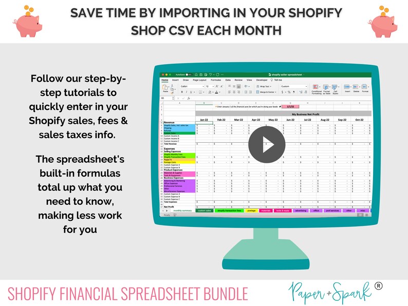 Peut inclure: Un &eacute;cran d'ordinateur affichant une feuille de calcul avec un bouton de lecture au centre. La feuille de calcul est intitul&eacute;e "My Business Net Profit" et comporte des colonnes pour chaque mois de l'ann&eacute;e. Le texte "SAVE TIME BY IMPORTING IN YOUR SHOPIFY SHOP CSV EACH MONTH" est en haut de l'image. Le texte "SHOPIFY FINANCIAL SPREADSHEET BUNDLE" est en bas de l'image.