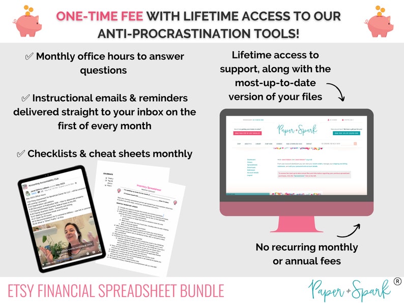 May include: A pink piggy bank with coins on top, a computer screen showing a website with the text "Paper Spark", and a pink piggy bank with coins on top. The text "ONE-TIME FEE WITH LIFETIME ACCESS TO OUR ANTI-PROCRASTINATION TOOLS!" is at the top of the image. The text "ETSY FINANCIAL SPREADSHEET BUNDLE" is at the bottom of the image. The text "Paper+Spark" is at the bottom right of the image.