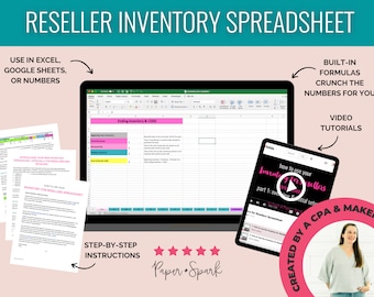Puede incluir: Una plantilla de hoja de cálculo rosa y turquesa para realizar un seguimiento del inventario y el costo de los productos vendidos (COGS) para revendedores. La hoja de cálculo está diseñada para usarse en Excel, Google Sheets o Numbers. La plantilla incluye fórmulas integradas para ayudar a calcular el inventario y el COGS. La imagen también muestra un tutorial en video sobre cómo usar la hoja de cálculo.