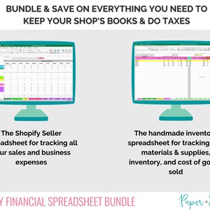 Peut inclure: Un lot de deux feuilles de calcul pour les vendeurs Shopify. La premi&egrave;re feuille de calcul est destin&eacute;e au suivi des ventes et des d&eacute;penses d'entreprise. La deuxi&egrave;me feuille de calcul est destin&eacute;e au suivi des mati&egrave;res premi&egrave;res, des fournitures, des stocks et du co&ucirc;t des marchandises vendues. Le texte "SHOPIFY FINANCIAL SPREADSHEET BUNDLE" est en bas de l'image.