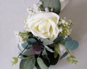 Artificial Wedding Pew End Chair Flowers Scottish wedding Thistles Ivory Roses Eucalyptus Wedding decorations Custom order