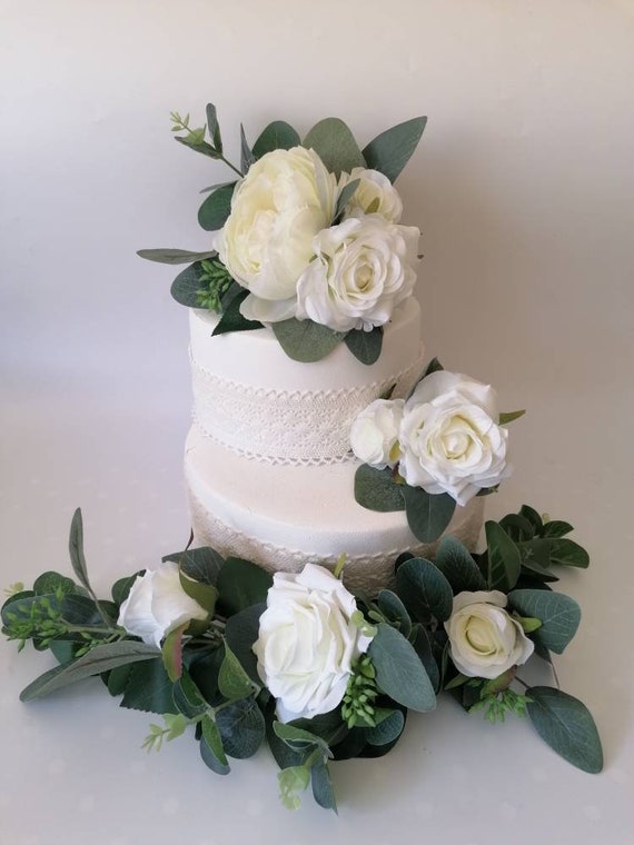Eucalyptus garland Wedding Cake Trim flower arrangement Ivory silk rose 