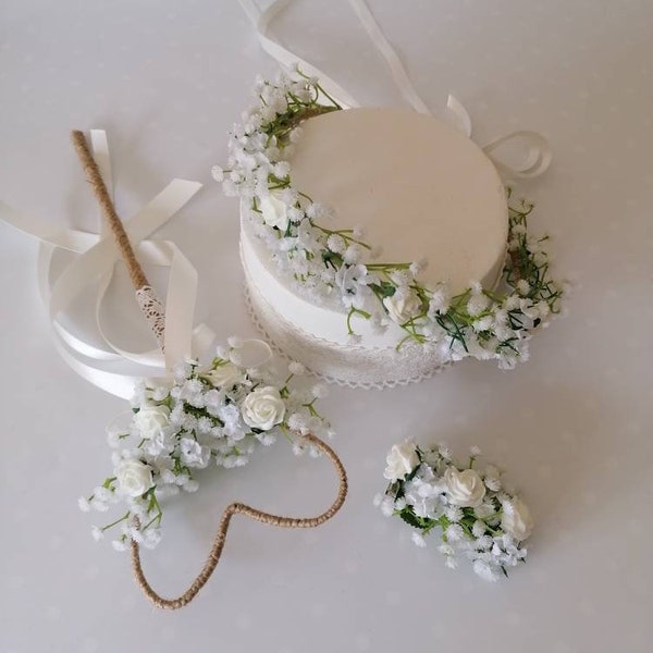 Ivory roses with Gypsophila Flower Girl Rustic heart wedding Wand Matching flower crowns combs and hair clips Matching sets Bridesmaid