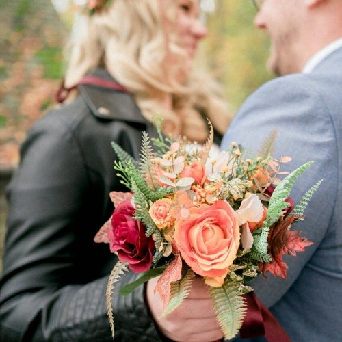 Artificial Autumn Wedding Bouquet Burnt Orange Faux Flower Etsy