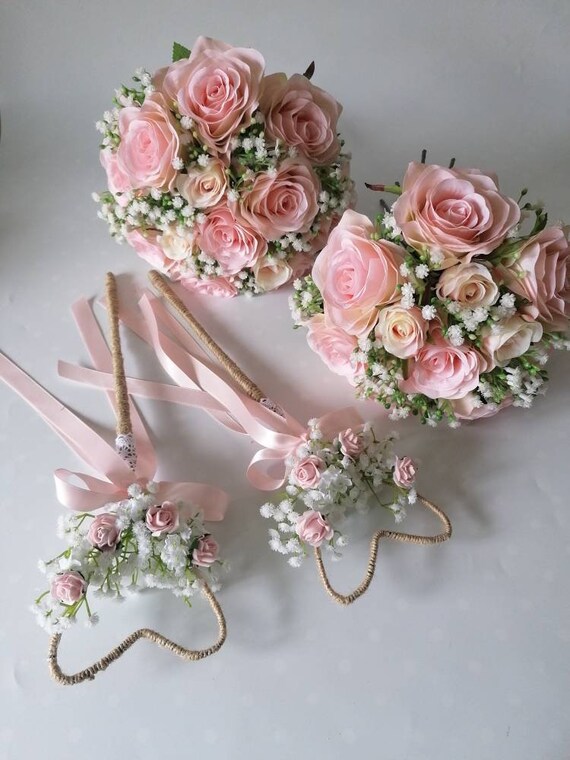 pink wedding bouquets flowers posy brides bridesmaid heart buttonholes wand 