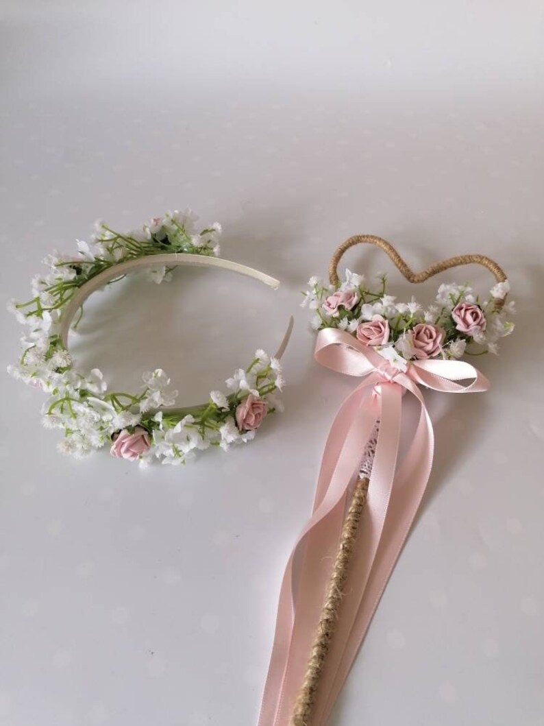 Blush Pink Roses Gypsophila Flower Girl Wand Flower headband Etsy
