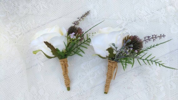 Wedding Flowers 20 x  Ivory  Rose Buttonhole's with Fern & Gypsophilia 