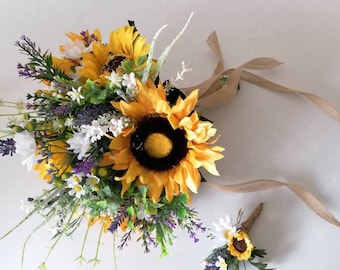 Artificial Sunflowers Daisy's Wildflowers and Lavender Brides bouquet Matching Bridesmaids flower girls wands buttonholes flower crowns