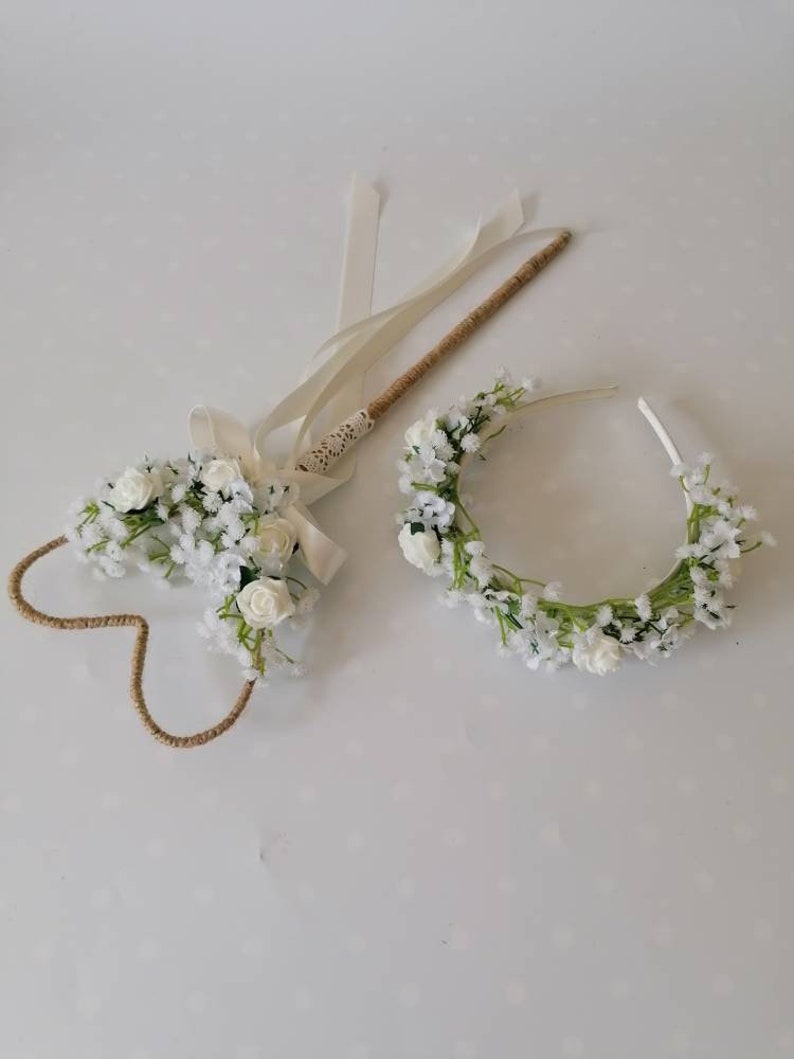 Blush Pink Roses Gypsophila Flower Girl Wand Flower headband Etsy