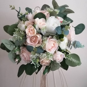 Boho Blush Brides Bouquet Blush Roses Peonies Eucalyptus Bridesmaid bouquet Flower Girl Wand Cake Flowers Buttonholes Corsages Flower Crown