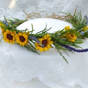 Artificial Bridal Flower Crown Sunflowers Lavender Rosemary Rustic Summer Wedding Crown Mini Flower Combs Sunflower Wand Country Wedding