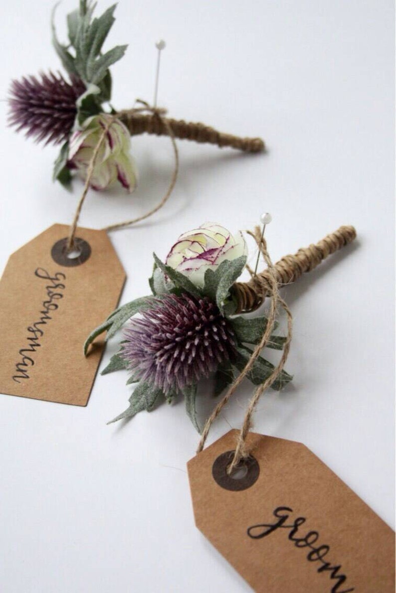 Artificial Rustic  Thistle and purple Ranunculus Buttonhole. Boutonniere. Corsage. Wedding flowers. 