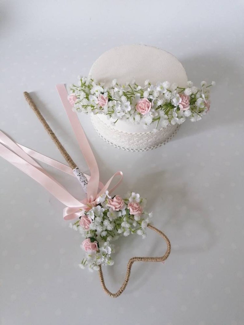 Blush Pink Roses Gypsophila Flower Girl Wand Flower Headband Etsy UK