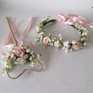 Blush Ivory Roses Gypsophila Eucalyptus Flower Girl Wand Matching Flower Crown Headband Set Heart wand flower comb