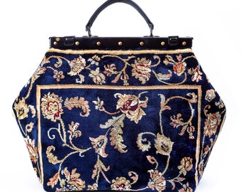 Classic Carpet Bag HEIRLOOM Pergola Navy Magical Mary Poppins Vintage-Style Carpet Bag with leather handle. 