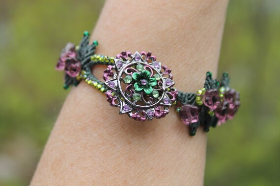 Purple Flower Beaded Micro Macrame Bracelet - Etsy