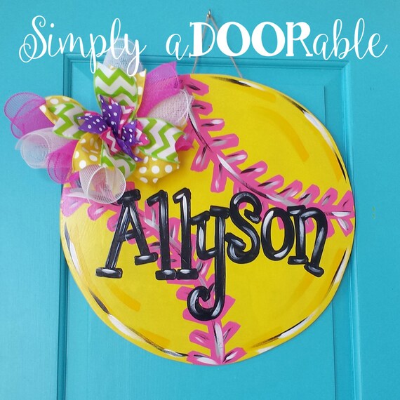 Play Ball Softball Wood Door Hanger by SimplyaDOORable. Etsy