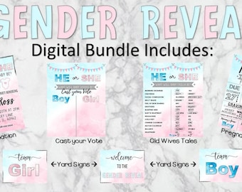 Geschlecht offenbaren Zeichen. Geschlecht offenbaren Dekorationen. Junge oder Mädchen Baby-Dusche. Schwangerschaft Stat Board. Gender Reveal Bundle
