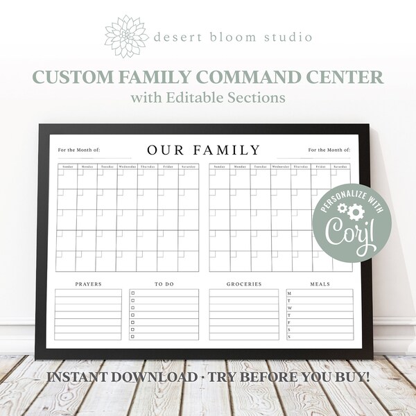 Print at Home Family Command Center |  Personalized Wall Calendar with Editable Sections  |  Digital File