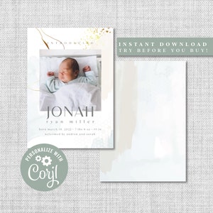 Birth Announcement Card | Photo Baby Announcement Card | Editable Template, Printable, Instant Download | Corjl