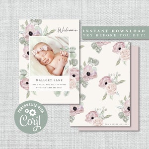 | de la carte de faire-part de naissance Carte d’annonce de bébé photo | Modèle modifiable, imprimable, téléchargement instantané | Corjl
