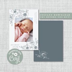 Tarjeta de anuncio de nacimiento / Tarjeta de anuncio de bebé con foto / Plantilla editable, imprimible, descarga instantánea / Corjl