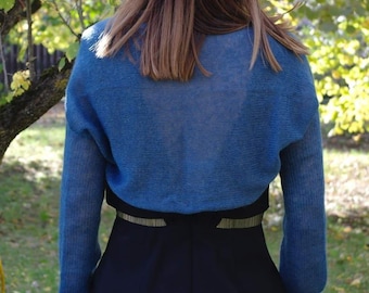 Bolero de seda mohair azul jeans, bolero suave, suéter ligero para cubrirse, chal de dama de honor, prenda de punto para boda, regalo hecho a mano para ella