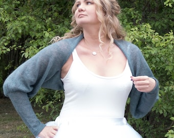 Boléro de mariage en maille mohair et soie à manches bouffantes, châle de mariée fait main, veste en maille pour demoiselle d'honneur, châle de mariage romantique