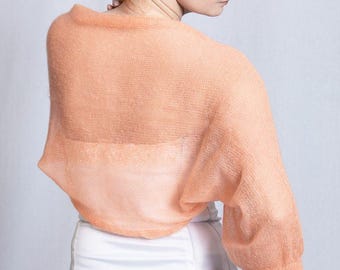 Light peach Wedding Bolero, Bridal bolero, Bridesmaid Shrug, Handmade Mohair Silk Knit Jacket, Dress Cover Up