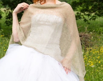 Poncho en lin, cape de mariage, poncho en lin naturel tricoté, écharpe de mariée, accessoires d'été, ponchos en lin pour femmes, châle pour mariages rustiques