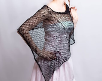 Black Linen Poncho Knit Natural Linen wrap chunky cape women knitwear