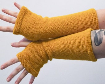 Fingerless Gloves Mustard Arm Warmers yellow mittens knit Boho handmade gift