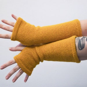 Fingerless Gloves Mustard Arm Warmers yellow mittens knit Boho handmade gift image 1