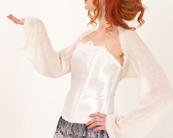 Ivory Mohair Silk Bridal Bolero Wedding Shrug Knitted Cover Up Lightweight Soft Long Sleeve Jacket