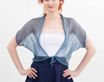 Leinenjacke, Leinen-Shrug-Strick, Sommer-Shrug-Top, Leinen-Cover-Up, Sommer-Hochzeiten, Boho-Cardigan, Leinen-Tops, Damen-Bolero-Weste, blau-grauer Bolero