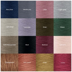 May include: A grid of sixteen yarn cones in various colors including navy blue, metallic gray, lilies, light gray, light beige, lavender, khaki, green, dark natural linen, black, beetroot, light pink, cinnamon, dark peach, ginger, and fuchsia.