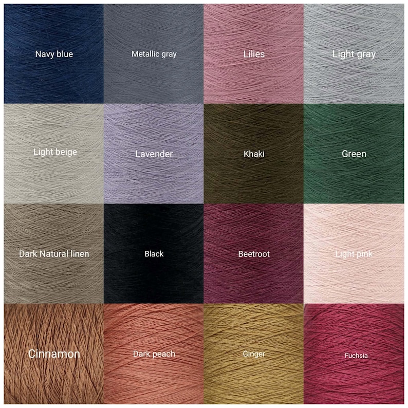 May include: A grid of sixteen yarn cones in various colors including navy blue, metallic gray, lilies, light gray, light beige, lavender, khaki, green, dark natural linen, black, beetroot, light pink, cinnamon, dark peach, ginger, and fuchsia.