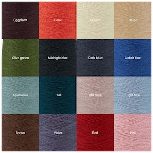 May include: A grid of sixteen yarn cones in various colors, each labeled with its name: Eggplant, Coral, Cream, Beige, Olive green, Midnight blue, Dark blue, Cobalt blue, Aquamarine, Teal, Old rose, Light blue, Brown, Violet, Red, and Pink.