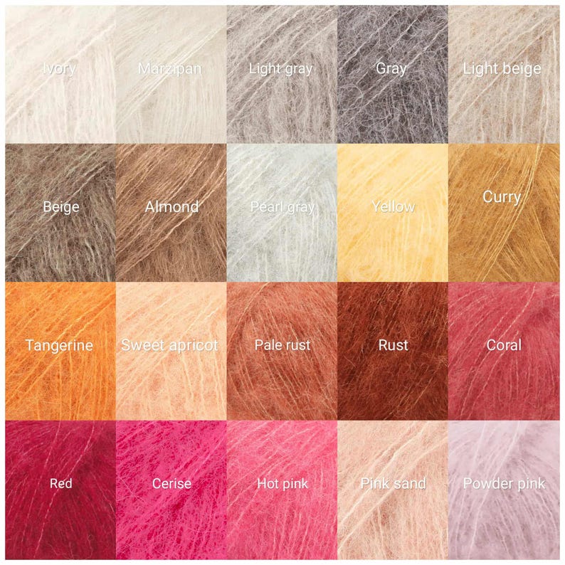May include: A grid of twenty square swatches of fuzzy, mohair-style yarn in various colours. Each swatch is labelled with its colour name, including Ivory, Marzipan, Light grey, Grey, Light beige, Beige, Almond, Pearl grey, Yellow, Curry, Tangerine, Sweet apricot, Pale rust, Rust, Coral, Red, Cerise, Hot pink, Pink sand, and Powder pink.