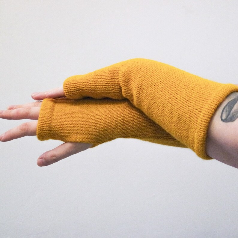 Fingerless Gloves Mustard Arm Warmers yellow mittens knit Boho handmade gift image 5