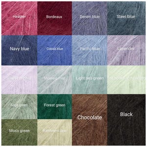 May include: A grid of twenty square swatches of fuzzy, mohair-style yarn in various colours. The colours are labelled as Heather, Bordeaux, Denim blue, Steel blue, Navy blue, Cobalt blue, Pacific blue, Lavender, Sweet orchid, Morning mist, Light sea green, Pistachio ice cream, Sage green, Forest green, Chocolate, Black, Moss green, and Rainforest dew.