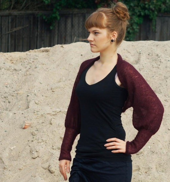 Puff Sleeve Bolero Wedding Sweater Handmade Mohair Shrug Burgundy Violet Jacket Victorian Fashion Knit Cardigan Etsy