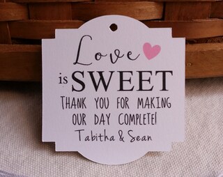 100 Cartellini Personalizzati "Love Is Sweet" Per Bomboniere Matrimonio - Etichette Regalo Carta Verde Acqua, 5,7x2 Cm