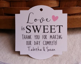 100 Cartellini Personalizzati "Love Is Sweet" Per Bomboniere Matrimonio - Etichette Regalo Carta Verde Acqua, 5,7x2 Cm